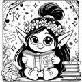 Coloring enchantress girl, gnome reading a book in pajamas. Printable black and white. Generative ai.