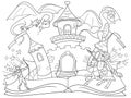 Coloring fairy open book tale concept kids illustration with evil dragon, brave warrior and magic castle. Royalty Free Stock Photo