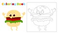 Coloring fun hamburger. Food has a face, arms and legs and smiles happily. Worksheet for children in kindergartens, schools.