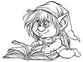 Coloring gremlin girl, gnome reading a book in pajamas. Printable black and white. Generative ai.