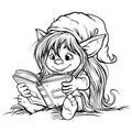Coloring gremlin girl, gnome reading a book in pajamas. Printable black and white. Generative ai.