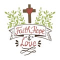 Coloring Hand Lettering Faith, Hope And Love With Cross And Leaves.