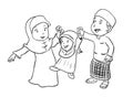 Coloring Happy Muslim Family - Vector Illustration