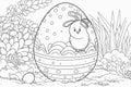 Coloring for kids.Printable coloring page. Easter. School. Hobby. Landscape format. Drawn. Bunny. Eggs. White background.