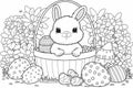 Coloring for kids.Printable coloring page. Easter. School. Hobby. Landscape format. Drawn. Bunny. Eggs. White background.