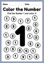 Coloring numbers, number 1 worksheet math printable sheet for preschool and kindergarten kids activity to learn basic mathematics