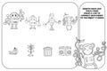 Coloring outline logic puzzle page for preschool kids. Matching game. Robots for children. Black and white