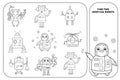 Coloring outline visual puzzle page for preschool kids. Find identical images game. Robots for children. Black and white