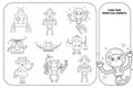 Coloring outline visual puzzle page for preschool kids. Find identical images game. Robots for children. Black and white