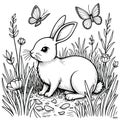 Adorable Rabbit in Flowery Field With Butterflie Coloring Page Royalty Free Stock Photo