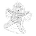 Coloring page adorable brown bear making snow angel in cute sweater with ornament. Vector illustration for books, coloring books