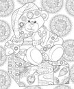 Adult coloring book,page a cute Christmas bear with cap on the mandalas background for relaxing.Line art style illustration.