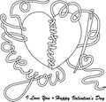 Coloring page for adults for meditation and relaxation. Image for greeting card for Valentine`s Day. Floral vignette in the