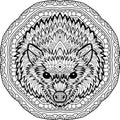 Coloring page for adults. Stern hedgehog on a background of a circular mandala pattern.