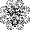 Coloring page for adults. Stern Jaguar on a background of a circular patterns Royalty Free Stock Photo