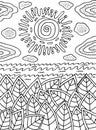 Coloring page for adults - summer landscape with sun and leaves and sea. Ink line doodle artwork. Vector illustration Royalty Free Stock Photo