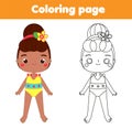Coloring page with african american girl in swimsuit. Drawing kids activity. Printable fun for toddlers and children