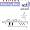 Coloring page Aircraft Carrier cartoon character side view vector illustration