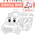 Coloring page Ambulance cartoon character perspective view vector illustration