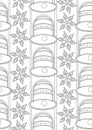 Seamless pattern or coloring page with Christmas bells and snowflakes, Outline vector stock illustration in A4 size for the