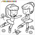 Ballerina girls dancing. Vector black and white coloring page.