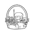 Coloring page with a basket, Easter cake, church candle, flowers and eggs. Black and white vector illustration.