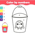 Coloring page with beach bucket. Color by numbers picture for toddlers and kids. Educational children game for summer holidays