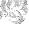 Coloring page with beautiful flying bird and willow leafs