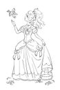 Coloring page with beautiful princess and a little bird