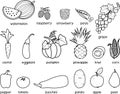 Coloring page. Big set of different fruits and vegetables