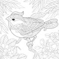 Coloring page with bird in the garden Royalty Free Stock Photo