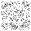 Coloring page. Black and white set of cute decorative owls and small nature elements.