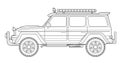 Coloring page for book and drawing. Offroad drive vehicle. Black contour sketch illustrate Isolated on white background