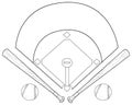 A coloring page,book a set of baseball icons image for children.Line art style illustration.