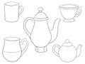 A coloring page,book a set of dishes icons image for children.Line art style illustration.