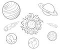 A coloring page,book a set of planets icons image for children.Line art style illustration.