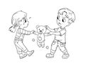 Coloring page of a boy ad girl fight for a toy bear Royalty Free Stock Photo