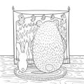 Coloring page brown bear and bunny are sitting in front of fireplace. Fireplace is decorated with Christmas socks. Vector