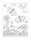 Coloring page with butterflies, flowers, sun, grass