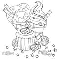 Coloring page with cake, cupcake, candy, ice cream and other dessert