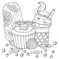 Coloring page with cake, cupcake, candy, ice cream and other dessert