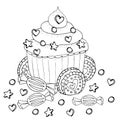 Coloring page with cake, cupcake, candy and other dessert