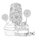 Coloring page with cake, ice cream, cupcake, candy and other dessert