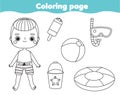 Coloring page with cartoon boy and beach objects. Drawing kids activity. Printable fun for toddlers and children Royalty Free Stock Photo