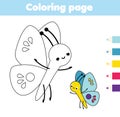 Coloring page with cartoon butterfly. Drawing kids activity. Printable fun for toddlers and children