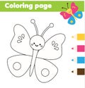 Coloring page with cartoon butterfly. Drawing kids activity. Printable fun for toddlers and children