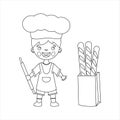 Coloring page of cartoon chef with baguette and rolling pin. Little chef or scullion in an apron and chef's hat.