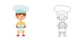 Coloring page of cartoon chef with dish. Little chef or scullion in an apron and chef's hat. Profession.