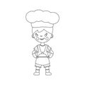 Coloring page of cartoon chef with dish. Little chef or scullion in an apron and chef's hat. Profession.