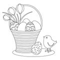 Coloring page with cartoon Easter eggs and chick.